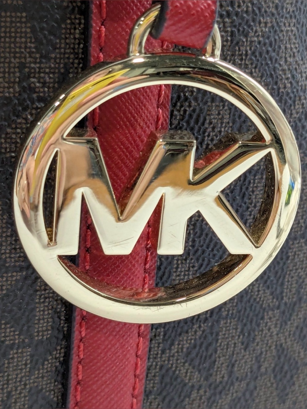 FLASH SALE Michael Kors MK Designer Large Jet Set Brown Red Signature Tote Purse - Picture 6 of 9